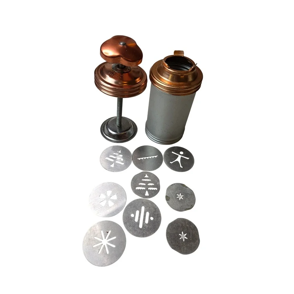 Vintage Copper Tone Cookie Press Decorator 9 Metal Discs Patent 3262404 Retro A2